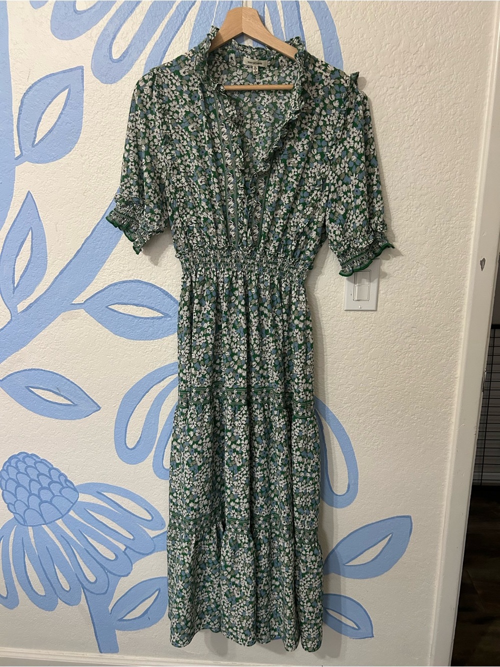 Max Studio Green Floral Tiered Maxi Dress Smocked Waist